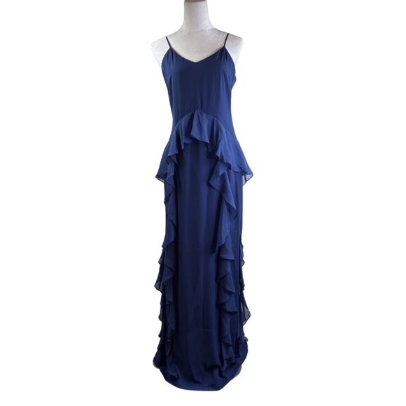 Parker Black Chiffon Ruffle Spaghetti Strap Formal Dress Blue Size 8 NWT $418 - Picture 1 of 12